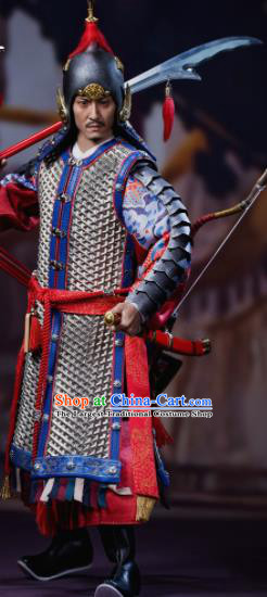 Chinese Ancient General Blue Armor and Helmet Traditional Han Dynasty Military Officer Costumes Complete Set for Men