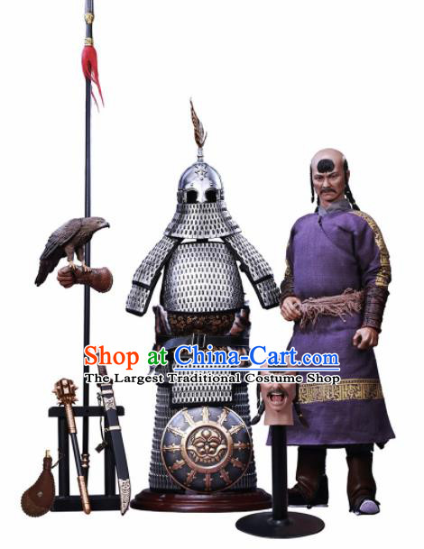 Chinese Ancient Cosplay General Argent Armor and Helmet Traditional Yuan Dynasty Military Officer Costumes Complete Set for Men
