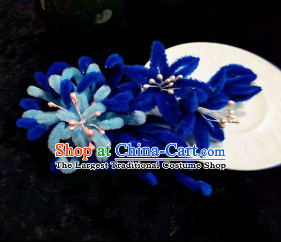 Chinese Handmade Qing Dynasty Court Blue Velvet Chrysanthemum Hairpins Traditional Ancient Hanfu Hair Accessories for Women