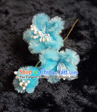 Chinese Handmade Qing Dynasty Court Blue Velvet Plum Hairpins Traditional Ancient Hanfu Hair Accessories for Women