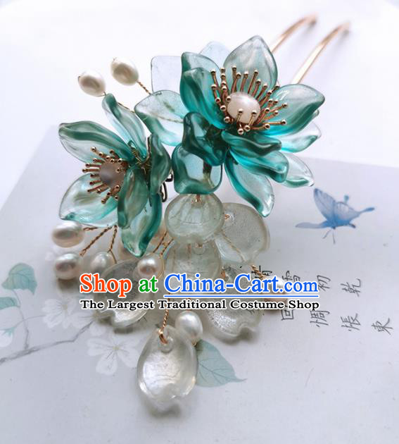 Chinese Ancient Princess Green Peach Flower Hairpins Traditional Handmade Hanfu Hair Accessories for Women