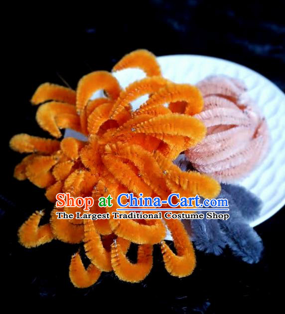 Chinese Ancient Qing Dynasty Court Orange Velvet Chrysanthemum Hairpins Traditional Hanfu Handmade Hair Accessories for Women