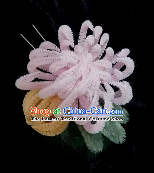 Chinese Ancient Qing Dynasty Court Pink Velvet Chrysanthemum Hairpins Traditional Hanfu Handmade Hair Accessories for Women