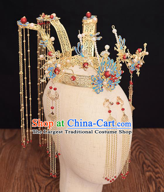 Chinese Ancient Bride Phoenix Coronet Tassel Hairpins Traditional Hanfu Wedding Hair Accessories for Women