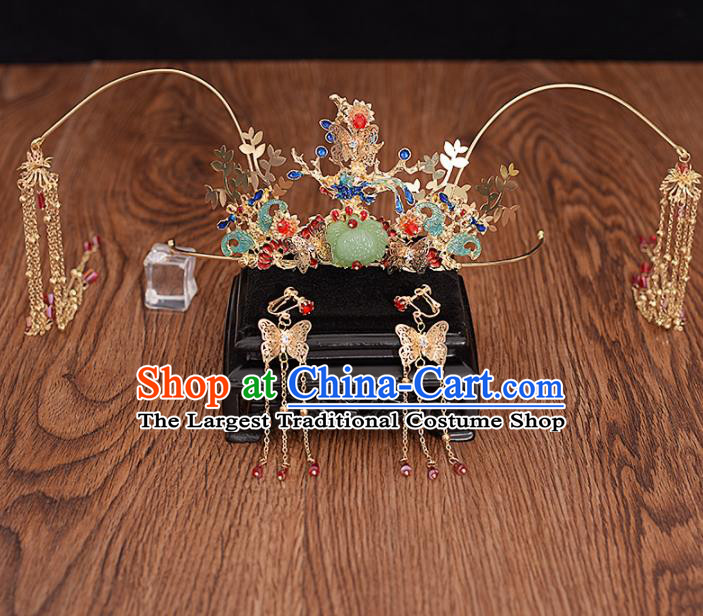 Chinese Ancient Bride Cloisonne Phoenix Coronet Tassel Hairpins Traditional Hanfu Wedding Hair Accessories for Women