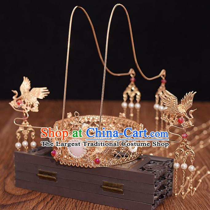 Chinese Ancient Bride Golden Crane Phoenix Coronet Tassel Hairpins Traditional Hanfu Wedding Hair Accessories for Women