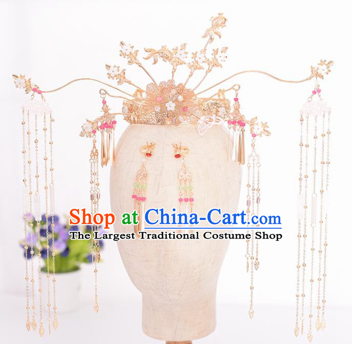 Chinese Ancient Bride Goldfish Tassel Phoenix Coronet Hairpins Traditional Hanfu Wedding Hair Accessories for Women