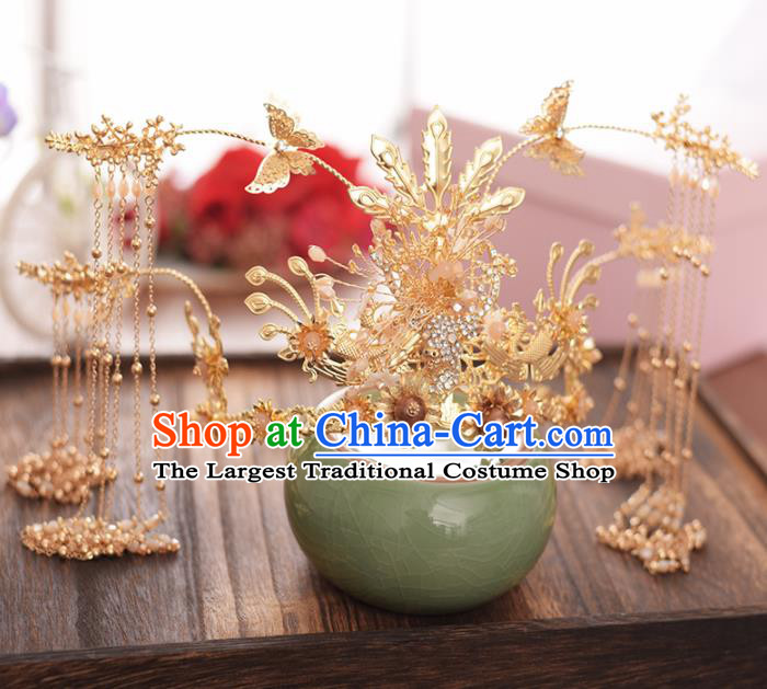 Chinese Ancient Bride Golden Tassel Phoenix Coronet Hairpins Traditional Hanfu Wedding Hair Accessories for Women