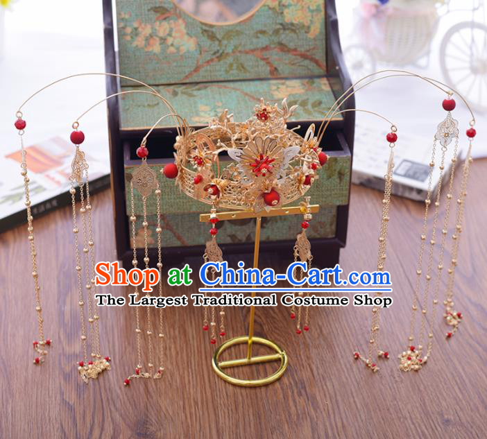 Chinese Ancient Bride Jade Butterfly Phoenix Coronet Hairpins Traditional Hanfu Wedding Hair Accessories for Women