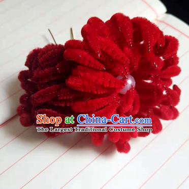 Chinese Ancient Court Red Velvet Chrysanthemum Hairpins Traditional Hanfu Handmade Hair Accessories for Women