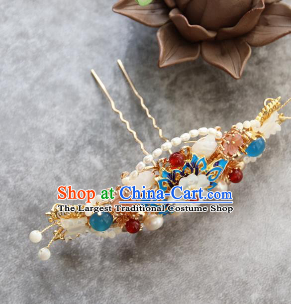 Chinese Ancient Princess Blueing Lotus Pearls Hairpins Traditional Handmade Hanfu Hair Accessories for Women