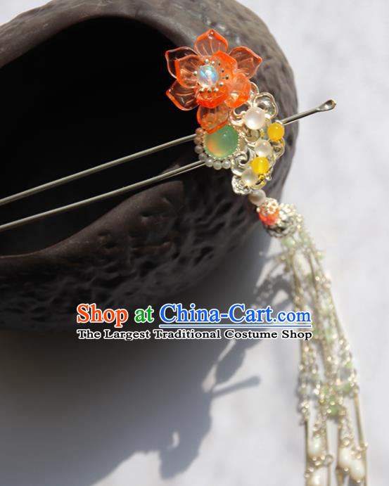 Chinese Ancient Princess Red Lotus Tassel Hairpins Traditional Handmade Hanfu Hair Accessories for Women
