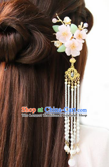 Chinese Ancient Princess Pink Flowers Tassel Hairpins Traditional Handmade Hanfu Hair Accessories for Women