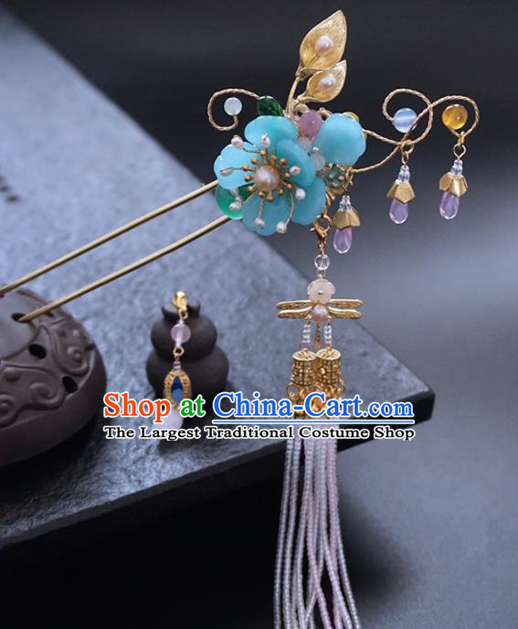 Chinese Ancient Princess Blue Plum Tassel Hairpins Traditional Handmade Hanfu Hair Accessories for Women