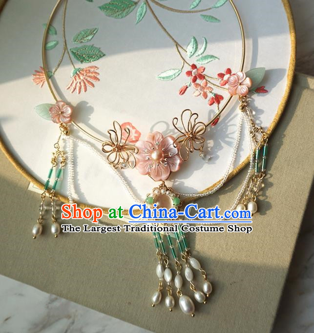 Chinese Ancient Court Pearls Tassel Shell Necklace Traditional Princess Hanfu Wedding Accessories for Women