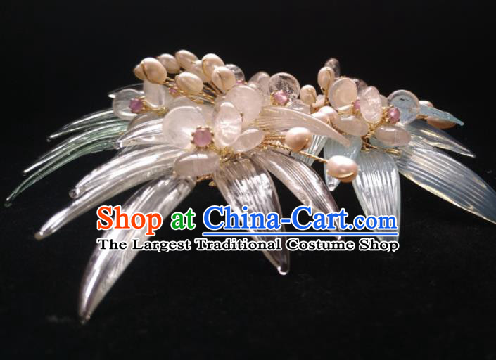 Chinese Ancient Princess Bamboo Leaf Pearls Hair Claws Hairpins Traditional Handmade Hanfu Hair Accessories for Women
