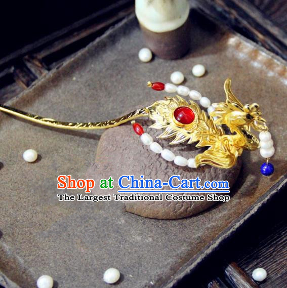 Chinese Ancient Princess Golden Phoenix Pearls Hairpins Traditional Handmade Hanfu Hair Accessories for Women