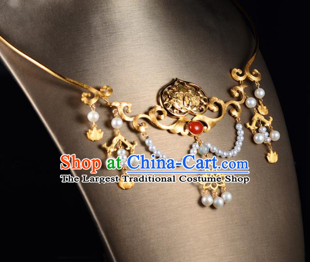 Chinese Ancient Court Wedding Golden Necklace Traditional Princess Hanfu Necklet Accessories for Women