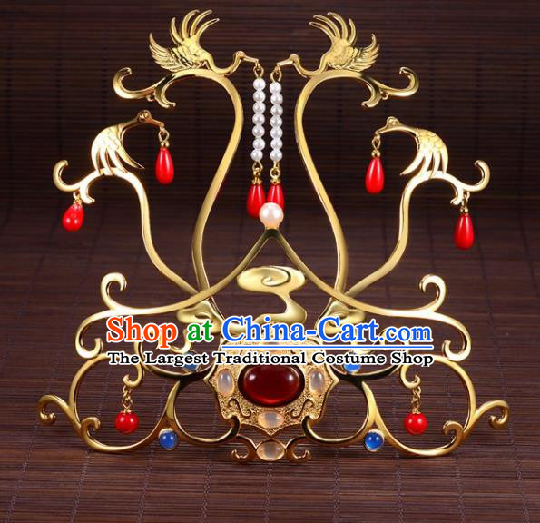 Chinese Ancient Princess Golden Crane Tassel Hair Crown Hairpins Traditional Handmade Hanfu Hair Accessories for Women