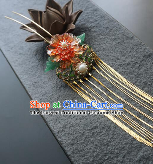 Chinese Ancient Princess Red Peony Tassel Hairpins Traditional Handmade Hanfu Hair Accessories for Women