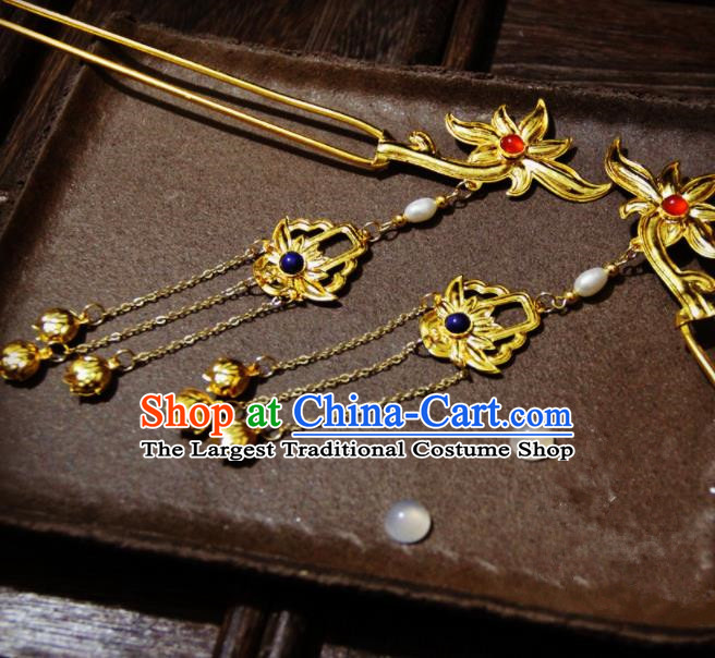 Ancient Chinese Ming Dynasty Empress Golden Lotus Tassel Hairpins Traditional Hanfu Court Hair Accessories for Women