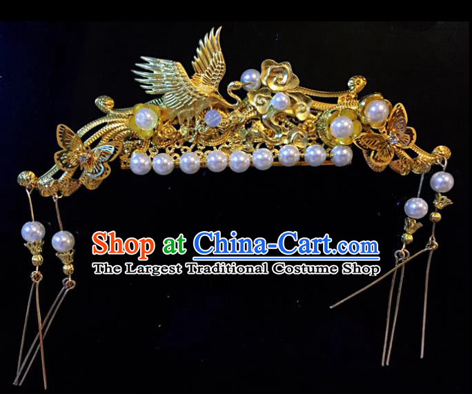 Chinese Ancient Princess Golden Crane Tassel Hair Comb Hairpins Traditional Handmade Hanfu Hair Accessories for Women