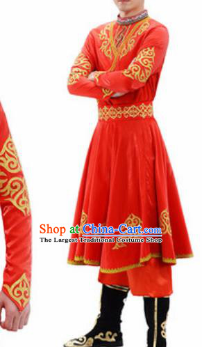 Traditional Chinese Uyghur Nationality Group Dance Costume Chinese Uigurian Minority Red Clothing for Men