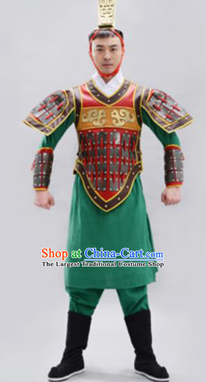 Traditional Chinese Qin Dynasty Warrior Green Helmet and Armour Ancient Drama General Costumes for Men