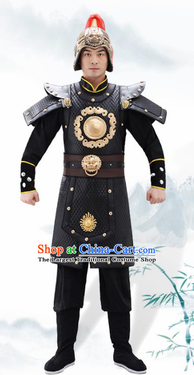 Traditional Chinese Han Dynasty Warrior Black Helmet and Armour Ancient Drama General Costumes for Men