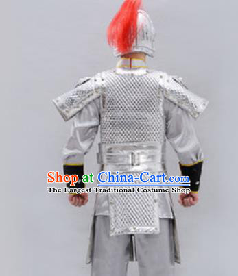 Traditional Chinese Han Dynasty Warrior Argent Helmet and Armour Ancient Drama General Costumes for Men