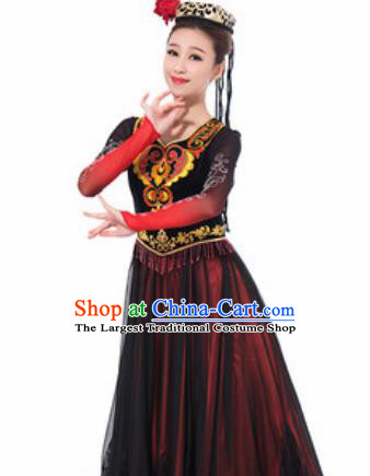 Traditional Chinese Uyghur Nationality Ethnic Costume Uigurian Minority Dance Black Dress for Women