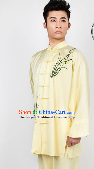 Chinese Traditional Martial Arts Competition Embroidered Orchid Yellow Costume Kung Fu Tai Chi Training Clothing for Men