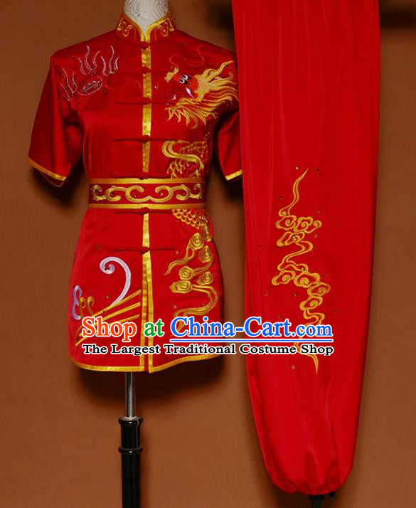 Chinese Traditional Martial Arts Competition Embroidered Dragon Red Costume Kung Fu Tai Chi Training Clothing for Men