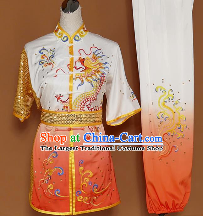 Best Martial Arts Competition Embroidered Dragon Orange Costume Chinese Traditional Kung Fu Tai Chi Training Clothing for Men