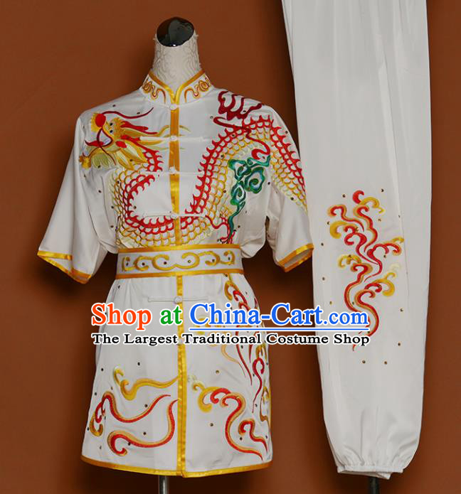 Best Martial Arts Competition Embroidered Dragon White Costume Chinese Traditional Kung Fu Tai Chi Training Clothing for Men