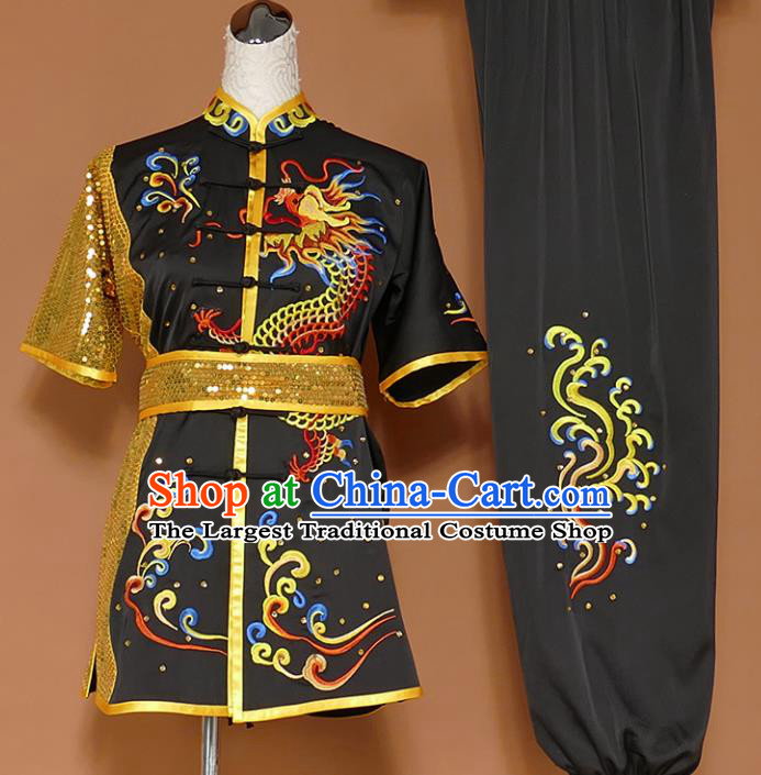Best Martial Arts Competition Embroidered Dragon Black Uniforms Chinese Traditional Kung Fu Tai Chi Training Costume for Men