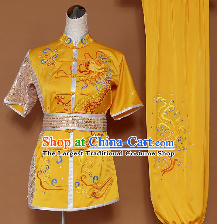 Best Martial Arts Competition Embroidered Dragon Yellow Uniforms Chinese Traditional Kung Fu Tai Chi Training Costume for Men