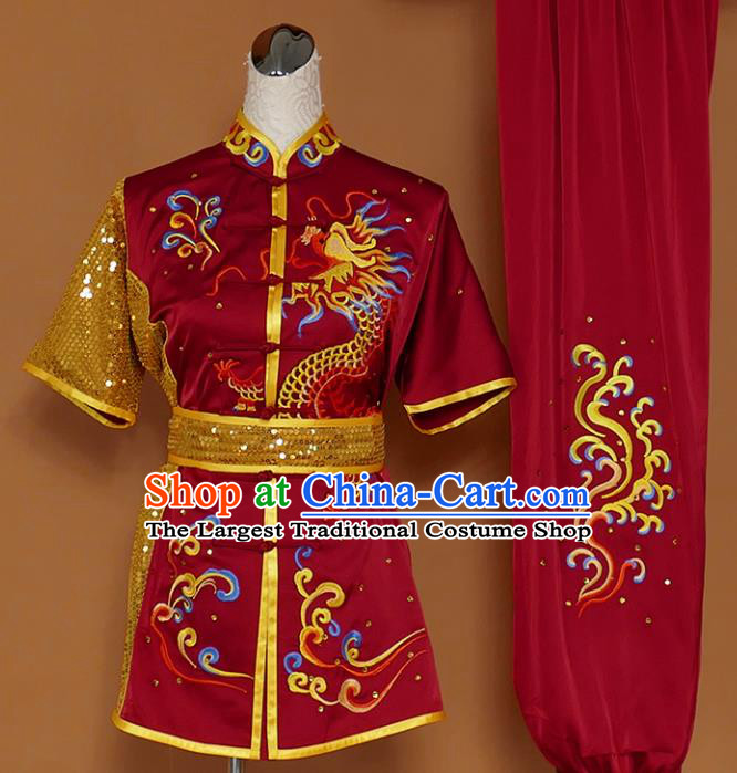 Best Martial Arts Competition Embroidered Dragon Wine Red Uniforms Chinese Traditional Kung Fu Tai Chi Training Costume for Men