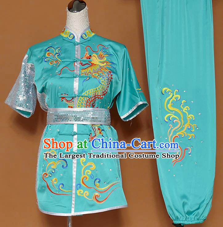 Best Martial Arts Competition Embroidered Dragon Green Uniforms Chinese Traditional Kung Fu Tai Chi Training Costume for Men
