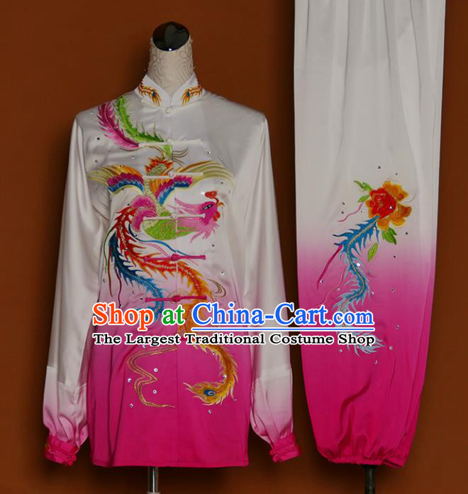 Chinese Traditional Best Martial Arts Embroidered Phoenix Peony Rosy Costume Kung Fu Competition Tai Chi Clothing for Women