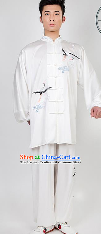 Chinese Traditional Martial Arts Competition Embroidered Crane White Costume Kung Fu Tai Chi Training Clothing for Men