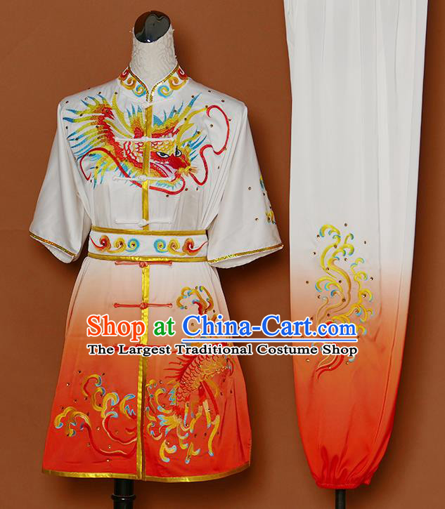 Chinese Martial Arts Competition Embroidered Dragon Orange Uniforms Traditional Kung Fu Tai Chi Training Costume for Men