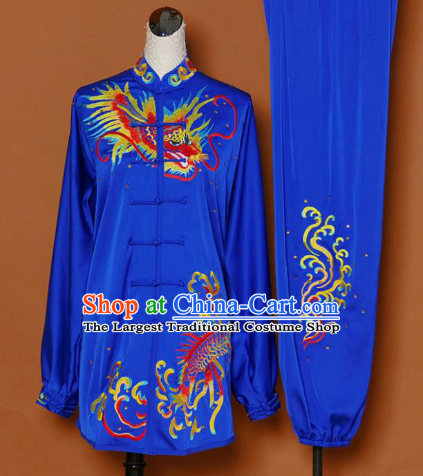 Chinese Martial Arts Competition Embroidered Dragon Royalblue Uniforms Traditional Kung Fu Tai Chi Training Costume for Men