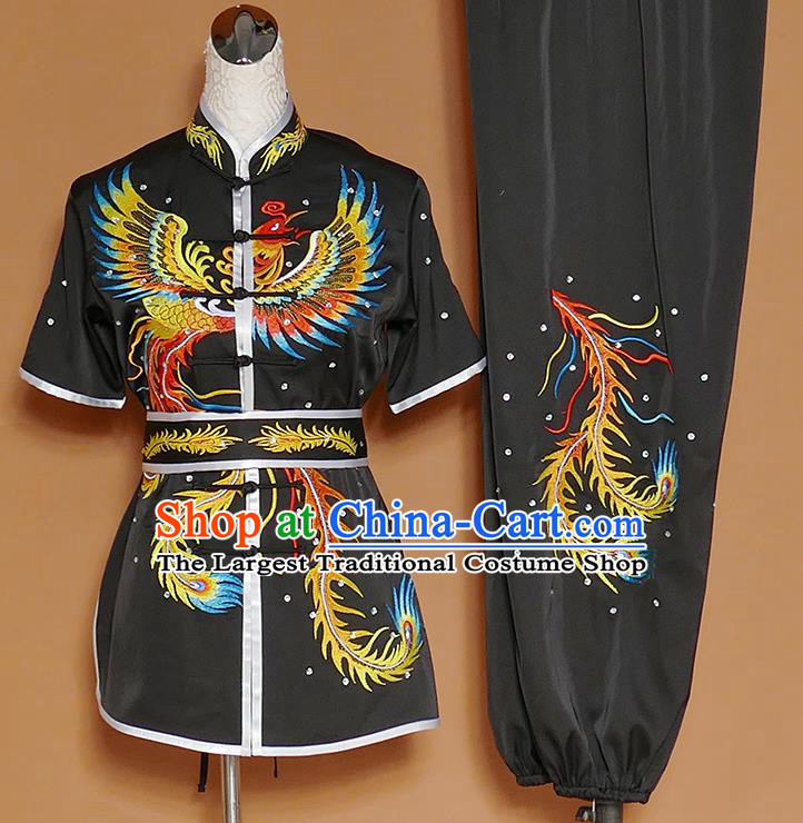 Chinese Professional Martial Arts Embroidered Phoenix Black Costume Traditional Kung Fu Competition Tai Chi Clothing for Women