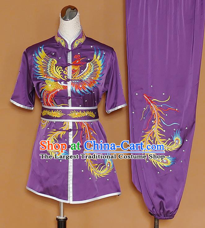 Chinese Professional Martial Arts Embroidered Phoenix Purple Costume Traditional Kung Fu Competition Tai Chi Clothing for Women