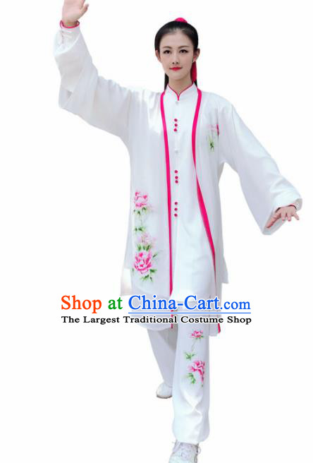 Professional Chinese Martial Arts Embroidered Peony White Costume Traditional Kung Fu Competition Tai Chi Clothing for Women