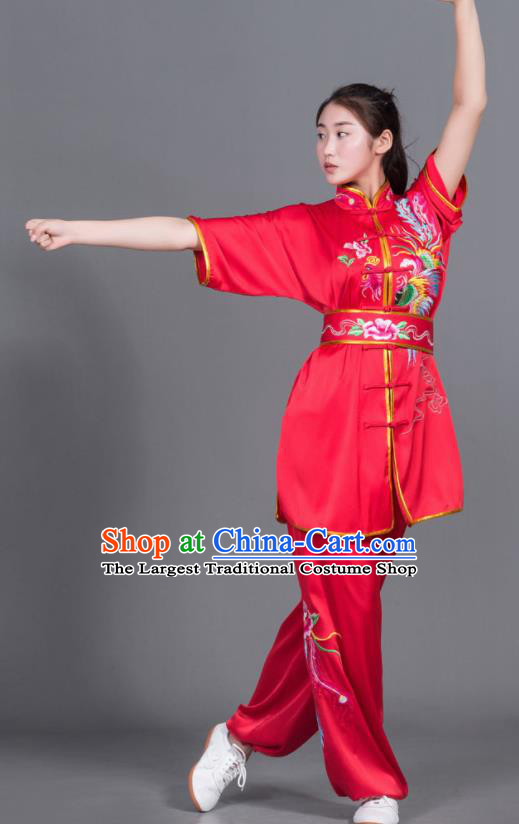 Chinese Martial Arts Competition Embroidered Phoenix Red Uniforms Traditional Kung Fu Tai Chi Training Costume for Men