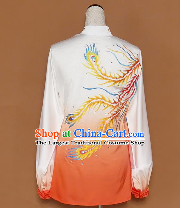 Chinese Traditional Best Martial Arts Embroidered Phoenix Orange Costume Kung Fu Competition Tai Chi Clothing for Women