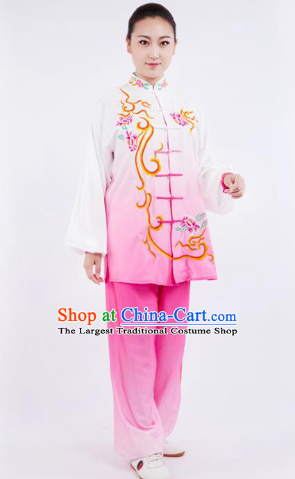 Chinese Traditional Martial Arts Competition Embroidered Peony Pink Costume Kung Fu Tai Chi Training Clothing for Women