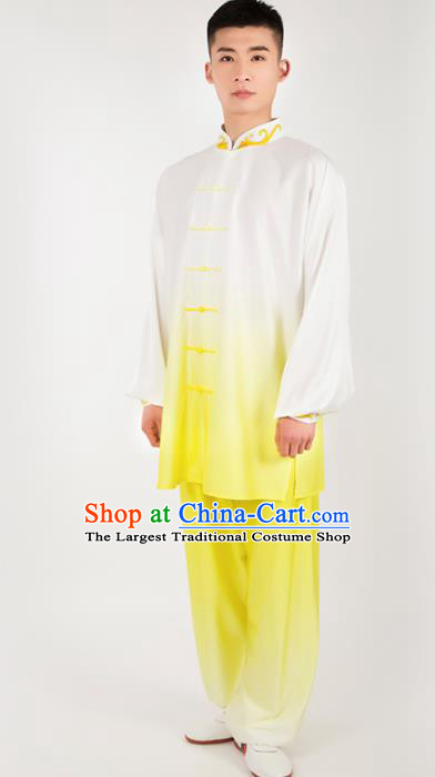 Chinese Traditional Martial Arts Competition Yellow Silk Costume Kung Fu Tai Chi Training Clothing for Men